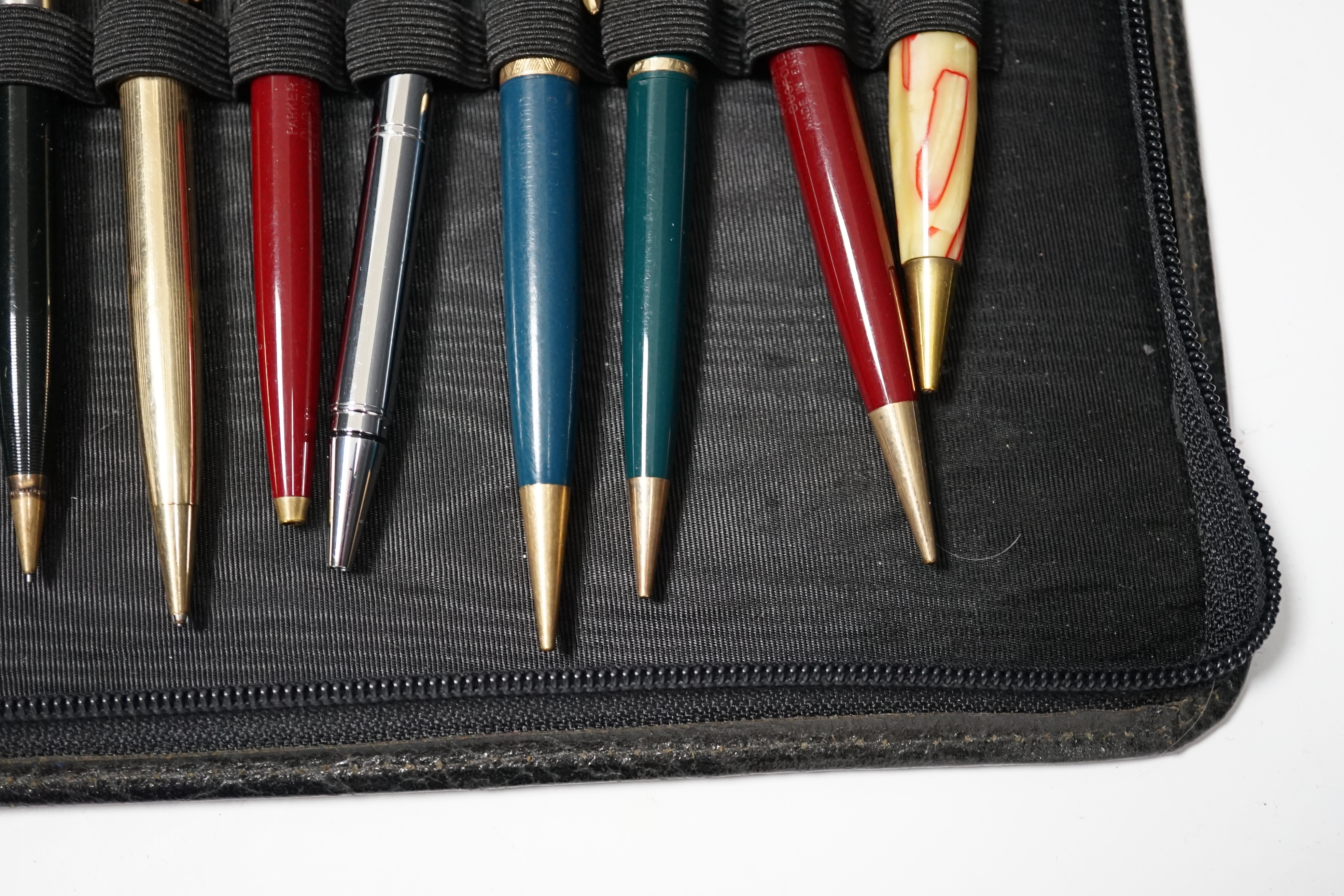 A Waterman 100 blue marble pencil plus sundry ball pens and pencils and case